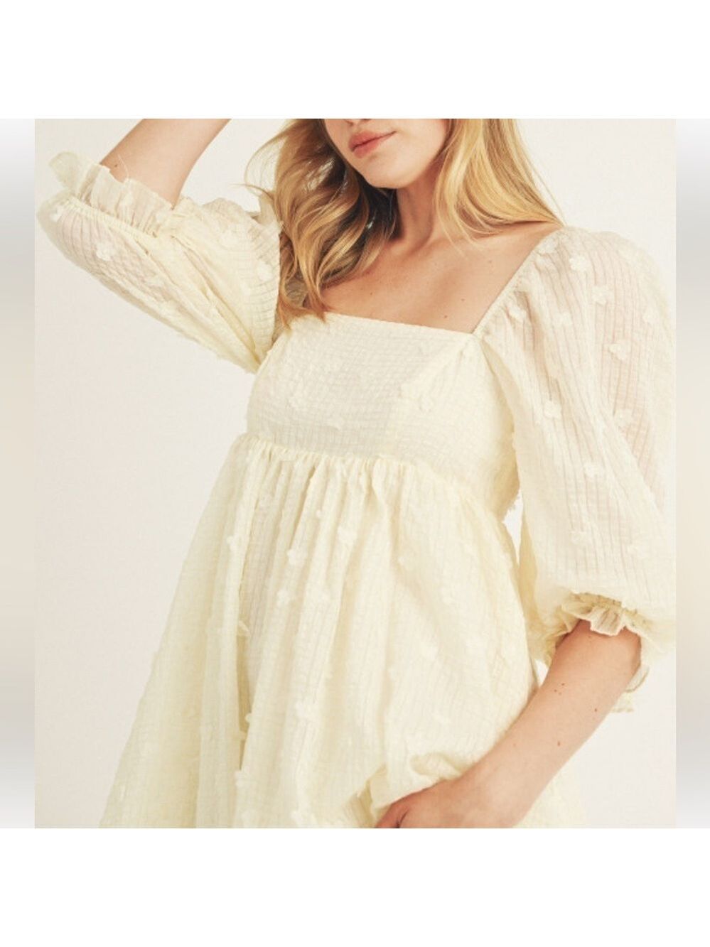 STORIA Baby Breath Baby Doll Cream Floral Appliqué Puff Sleeves Mini Dress NWT M - Picture 6 of 10